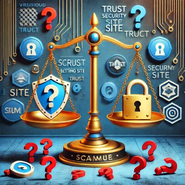 DALL·E 2025-03-10 17.24.27 - A thought-provoking and symbolic image questioning the existence of scam-free betting sites. The scene features a scale balancing two options_ one sid.webp